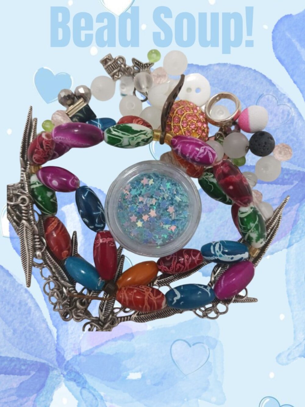 bead soup with Multi-colored bracelet and glitter